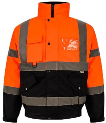 Hi Viz Bomber Jacket Reflective High Visibility Safety Coat 100% Soft Fleece Lining Waterproof & Windproof Workwear Hi-Vis Jacket Orange Black Sizes S–5XL (UK, Alpha, XXL, Regular, Regular)