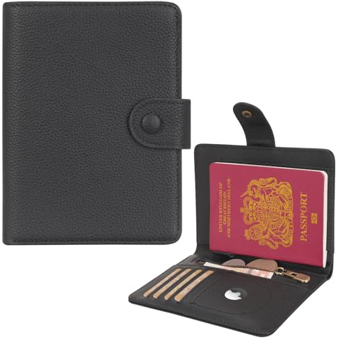 WASON Leder Reisepasshülle Geldbörse Eleganter Reisepasshalter mit RFID Schutz, Kartenfächern großem Geldscheinfach praktischem Münzfach Tracker Fach Bordkarten und Ticket Organizer(Schwarz)