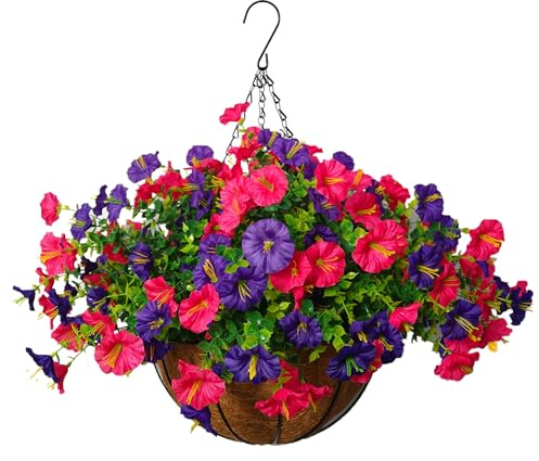 Bo Wawa 12 Inches Chain Hanging Basket DIY Artificial Flower with Faux Plant Silk Flowers Morning Glory for Outdoor Indoor Decor (A)