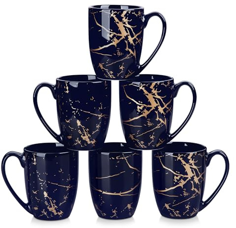LOVECASA Daphne Tazas de Café de Porcelana 330 ml – Juego de 6 Mugs con asa para Espresso, Cappuccino, Latte y Té – Aptas para Lavavajillas y Microondas – Diseño Azul y Dorado Elegante