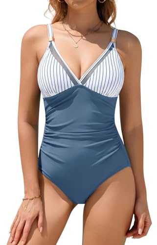 Vijamiy Costume Intero Contenitivo da Bagno Donna Costumi da Bagno Curvy Piscina Interi Push Up BeachwearScollo A V Mare Swimsuit for Women con Metallo Decorativo(Blu e Bianco,L)