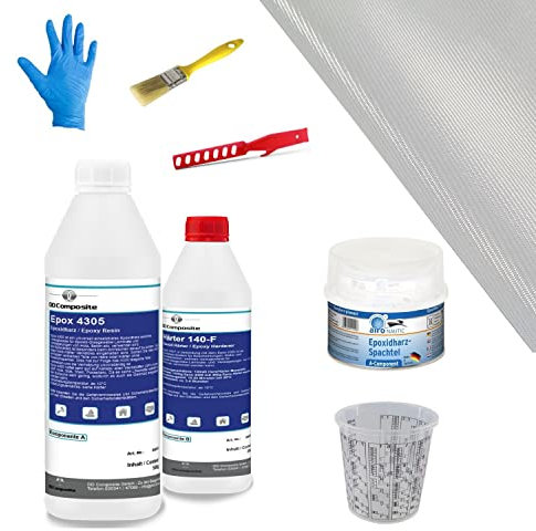 DD Composite Reparatur-Set Auto, Boot und Motorrad 700g Epoxidharz mit Härter, 600g Spachtelmasse, Glasfilamentgewebe, Handschuhe, Pinsel, Rührstab, Mischbecher