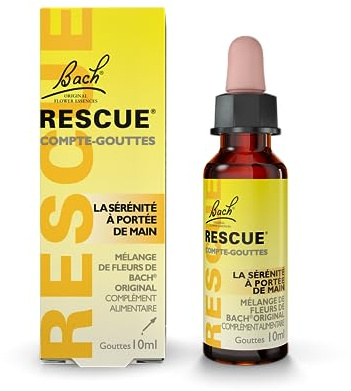 RESCUE Compte-gouttes 10ml, réconfort calme et sérénité, mélange naturel de 5 Fleurs de Bach Original, idéal pour les stress du quotidien : voyages, examens, permis de conduire, journées chargées