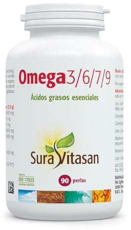SURA VITASAN Omega 3/6/7/9 90 Perlas Ácidos Grasos Esenciales | Pescado Salvaje, Borraja, Lino y Espino Amarillo, para Soporte Nutricional Integral y Protección Antioxidante