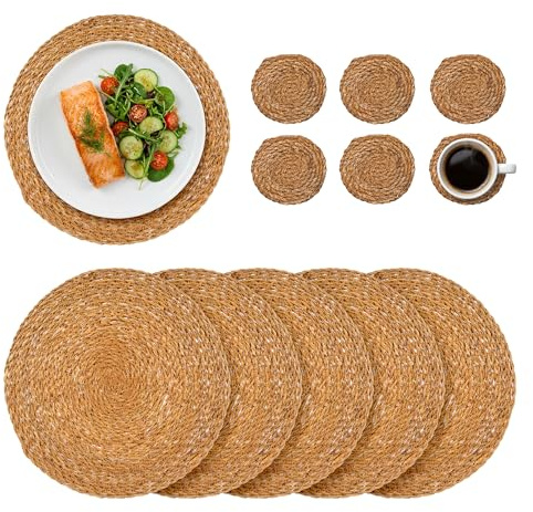 Argon Tableware Round Placemats & Coasters - 12pc - Woven Typha Kitchen Dining Table Mats Bar Drinks Coaster Protector Place Mats for Home, Restaurant Catering