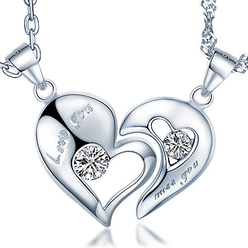 Unendlich U Love you Miss you2-Teilig Halskette Liebe Motiv Partner-Ketten 925 Sterling Silber Paar Herzanhänger Geschenk für Liebste
