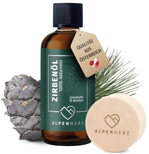 Alpenherz Zirbenöl 100 ml mit Duftstein aus Zirbenholz - 100% naturrein ätherisches Zirbelkieferöl aus Österreich Duftöl Raumduft Duftlampe Zirbenwürfel Diffuser Zirbe Zirbelkiefer Öl