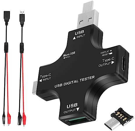 Jevina USB C-Tester, 2 1-USB-Tester-Farbbildschirm Typ C IPS-Digitalmultimeter, Spannung, Strom, Leistung, Widerstand, Temperatur, mit Clip-Kabel-UnterstüTzung PD2.0 / PD3.0, QC2.0