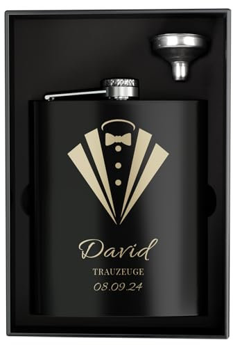 Personalisierter Flachmann Set mit Trichter für Hochzeit Wandern-Flachmann mit Gravur Trauzeuge-Personalisierter Flachmann für Männer (8oz/237ml, Schwarz)