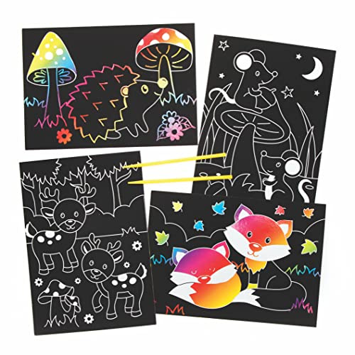 Baker Ross FE712 Lot de 8 images à gratter d'animaux de la forêt arc-en-ciel pour enfants, activités créatives pour enfants