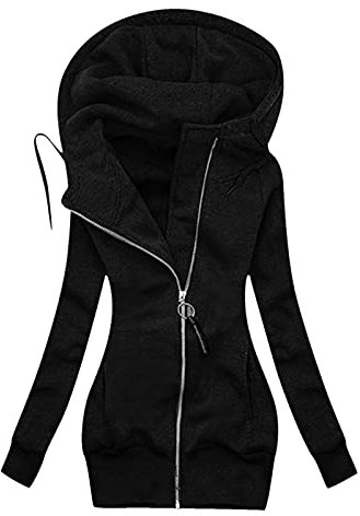 Sudadera con capucha para mujer, para otoño e invierno, con cremallera, ligera, de entretiempo, con cremallera, para exteriores, tallas S - 3XL, Negro , XXL
