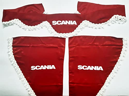 Set 3 Rideaux décoratifs en Peluche avec Pompons Blancs pour camions Scania R S P L (Rouge)