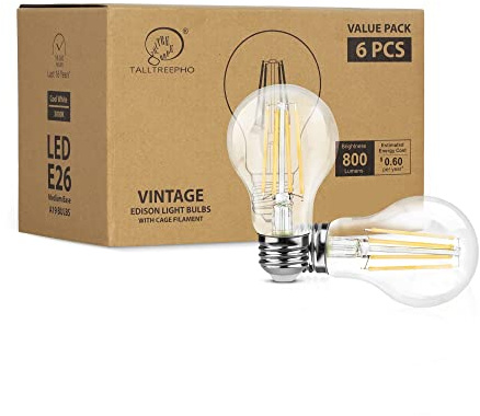 Talltreepho A19 LED Edison Bulbs 60W Equivalent, Energy Saving 800 Lumen Soft White E26 8W Non-Dimmable Clear 3000 Kelvin Natural Warm LED Light Bulbs, Antique House Lights, 6Pack