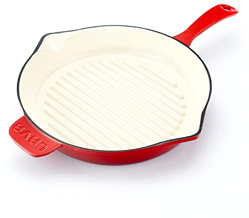 Sartén de hierro fundido esmaltado de lava de 11 pulgadas con boquilla de vertido (rojo)