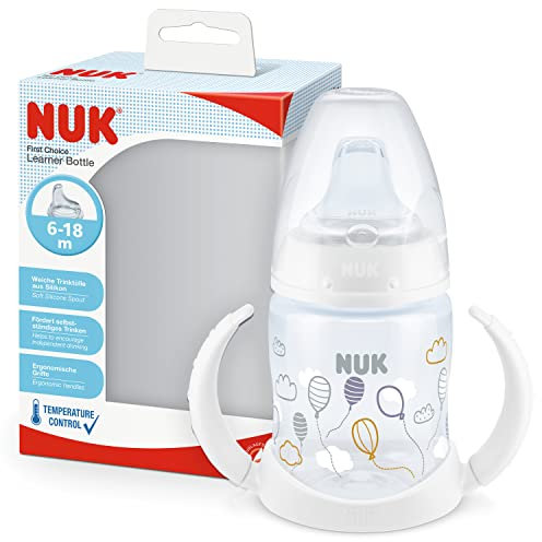 NUK First Choice Sippy Cup | 150 ml | Easy-Grab Handles & Orthodontic Silicone Spout | Leak-Proof | 6-18 Months | Anti-Colic | Temperature Control | BPA-Free | Balloons (White)