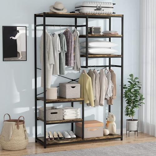JoliJour Garderobe Industrial Style,Kleiderständer Offener aus Spanplatte und Metall,Garderobenständer für Schlafzimmer,Kommt mit 5-stöckigen Aufbewahrungsregalen und 2 Kleiderstangen,Garment Rack