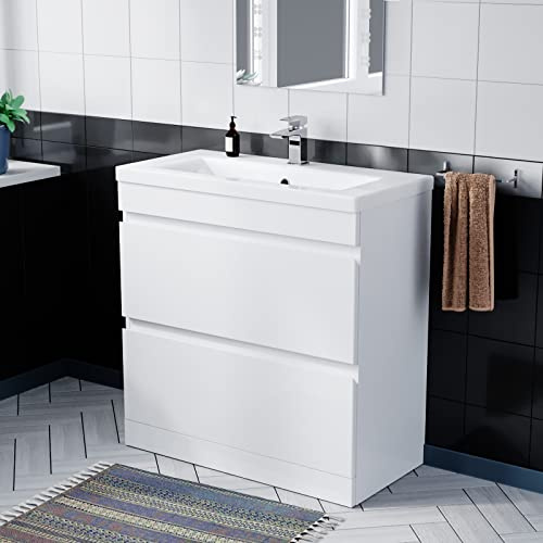 Minimalist 800 Freestanding Gloss White Basin Vanity Sink 2 Drawers
