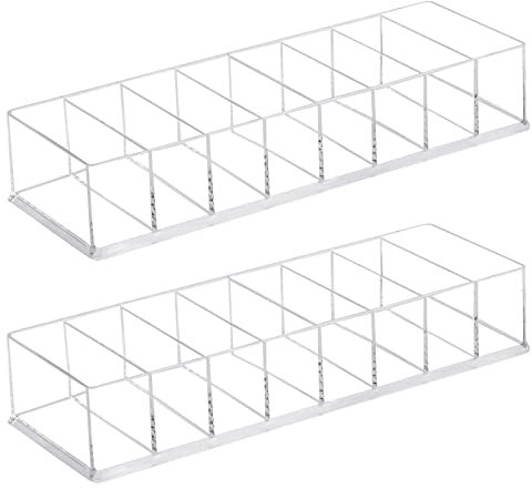 2Pcs Make Up Organizer Cosmetic Lipstick Storage Organiser Clear Nail Polish Container Makeup Holder Display Transparent Dressing Table Box 8 Grids Beauty Case for Bathroom Bedroom (7.5 * 2.7cm/Grid)