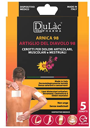 DuLàc 5 Cerotti Arnica 98% e Artiglio del Diavolo 98%, 24H di Sollievo per Dolori Articolari, Muscolari e Mestruali, Stiramenti, Contratture e Distorsioni, Dispositivo Medico Detraibile, Made in Italy