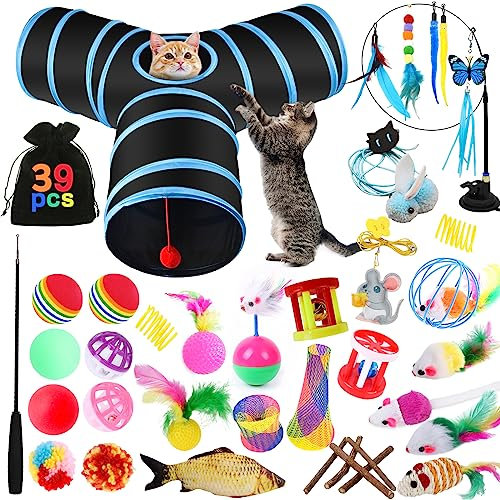 YUTUY Giocattoli per Gatti,39pcs Set di Giocattoli per Gatti,Giochi con Piume per Gatto,Gatto Giocattoli Interattivi,Bacchetta di Piume,Pesci,Palline e Campane
