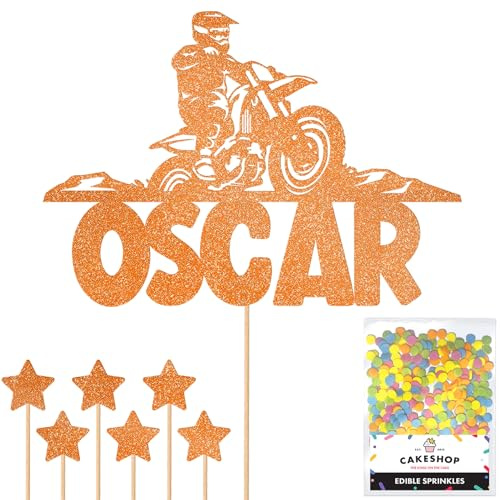 Personalised Dirt Bike Motorbike Racing Glitter Cake Topper - Copper Orange Custom Name Glitter Cake Decoration and Sprinkles - Happy Birthday Decorations - Personalised Toppers for Cakes by Cakeshop