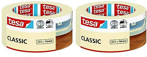 tesa Malerband CLASSIC - Abdeckband zum Abkleben bei Malerarbeiten - lösungsmittelfrei, rückstandslos entfernbar - 50 m x 50mm (Packung mit 2)