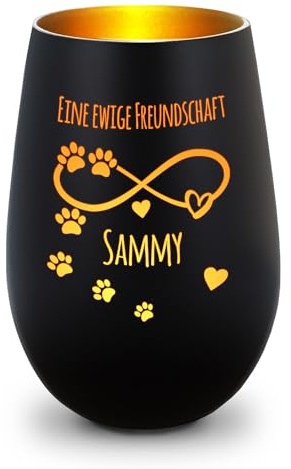 GRAVURZEILE Deko Windlicht aus Glas mit Gravur - Unendlich - Personalisiert mit Name - Haustier Trauerlicht für Hund und Katze - Grabschmuck zur Beerdigung oder als Andenken - Schwarz/Gold