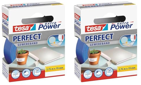 tesa extra Power Perfect Gewebeband - Gewebeverstärktes Ductape zum Basteln, Reparieren, Befestigen, Verstärken und Beschriften - Blau - 2,75 m x 19 mm (Packung mit 2)