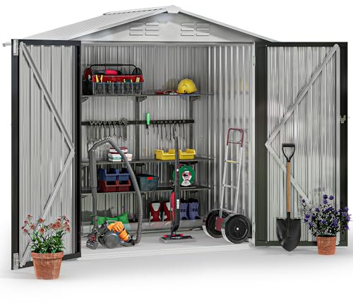 YITAHOME 6 x 4FT Garden Shed, Lockable Galvanized Metal Outdoor Storage Sheds Waterproof Garden Storage Shed Box with 4 Ventilation Slots for Bike, Tool, Lawnmower, White, 171 x 118 x 184cm