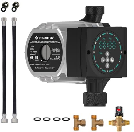 PROZRTED Instant Hot Water Circulating Pump with Built-in Digital Timer and Adjustable Thermostat Control Valve (From 68°F to 118°F),10 ft Cord, 2 Supply Lines