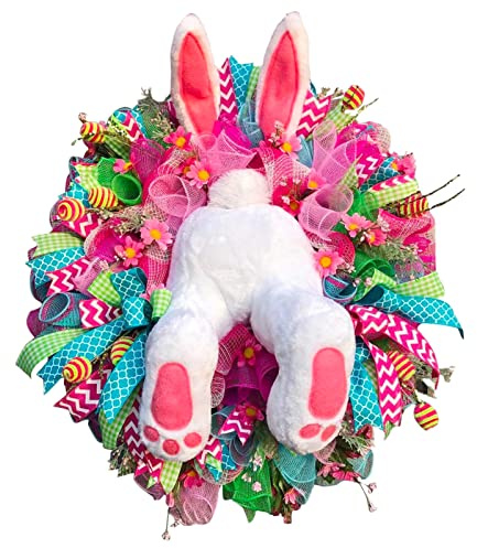 Påskkrans med kanin, påskkaninkrans, påskkaninkrans för ytterdörren, påskhänggirlang, påskkrans med kanin, rumpa, hängande konstgjorda blommor, kransar, påskkrans, dekoration