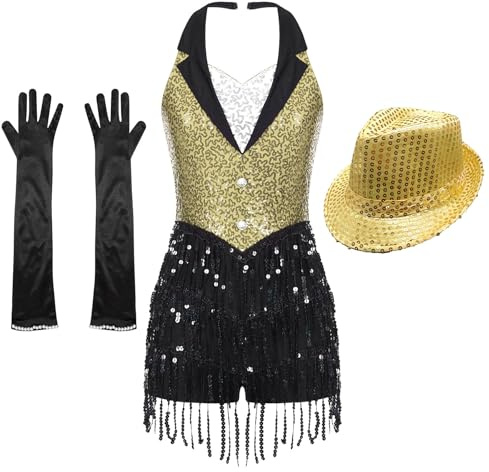 iiniim Damen Latein Tanzkleid Glitzer Ballettkleid mit Mütze Handschuhe Pailletten Fransen Jumpsuit Overall Ballsaal Show Performance Jazz Tanzkleidung Gelb XL
