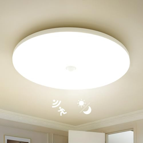 Combuh Plafonnier Led Detecteur de Mouvement Interieur, 18W Lampe de Plafond avec Capteur Crépusculaire, IP56 Plafonier Eclairage, 4000K Blanc Naturel, pour Couloir Escalier Cave, Rond 29.5CM