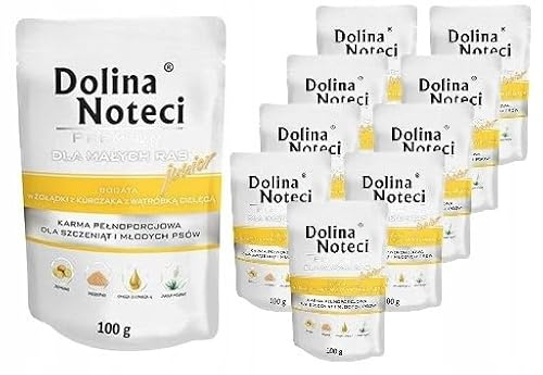 Dolina Noteci Junior Glutenfrei Premium Nassfutter für Kleine Hunde Reiche an Hühnermagen mit Kalbsleber Beutel10 x 100g Nassfutter für Welpen