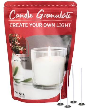 Kerzensand Winter Dream Kerzen Granulat 400g inkl. 4 Dochte und Halter | Weißes Paraffinwachs für DIY mit Dochthalter, Hochwertiges Kerzenwachs, Ideal für mehrere Wachskerzen, Made in Germany