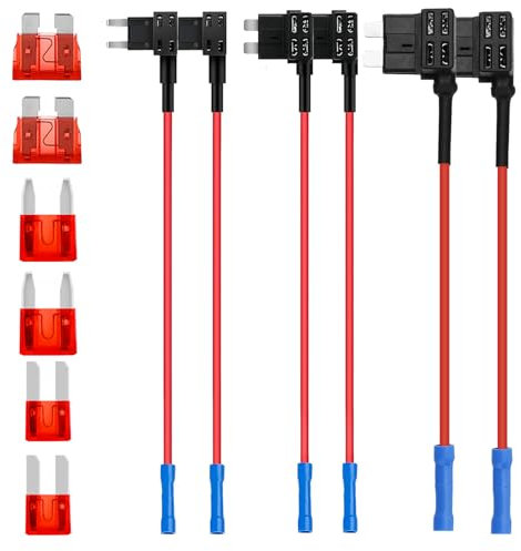 12 Piece Fuse Tap Set 3 Types Mini Circuit Adapter Kit for Cars Trucks & Boats Includes Low Profile Tap Adapters 10A Wire Harness Piggyback Blade Fuses Holder Compatible with 12V & 24V Systems