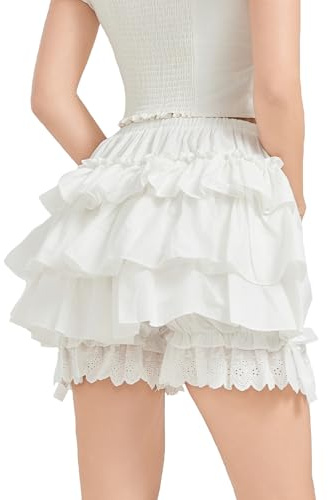 BEAUTELICATE Bloomers Short à Volants De Femme Été Jupon En 100% Coton Culotte Bouffantes Renaissance Lolita Pumpkin Pantacourt Pantalon Déguisement Costume(Blanc Brut Avec Triple Volant, S)