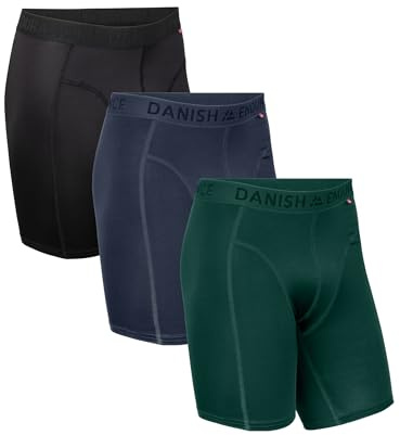 DANISH ENDURANCE Mens Boxers, Anti Chafing, Long Leg or Regular, Sports Underwear Men, Running Boxers, 3 Pack, Multicolour (1xBlack, 1xBlue, 1xGreen), Large