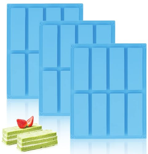 Chocolate Bar Moulds, 3 Pcs Rectangle Silicone Mould, 8 Cavity Nutrition Energy Cereal Bar Moulds Large Rectangle Granola Bar Silicone Mould for Protein Candy Fudge Bars(Blue)