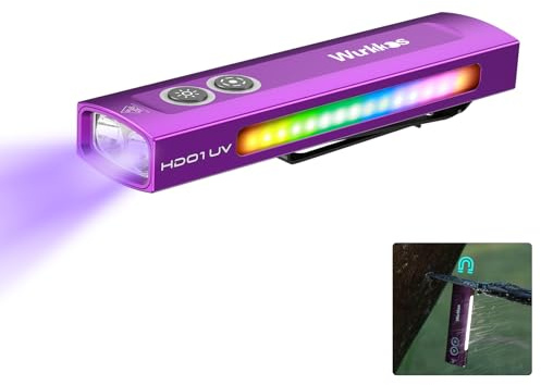 Wurkkos HD01 365nm UV-lampa, uppladdningsbar LED-lampa 1 200 lumen, trefärgad vit, UV, RGB, sex belysningslägen, magnetisk ficklampa för camping, underhåll och reparationer