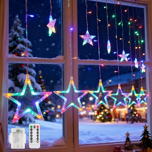 Weihnachtsbeleuchtung für Fenster, 138 LEDs, 12 Lichtervorhänge, Sterne, Bunte Lichterkette mit Batterie und USB, Lichterkette Aussen Weihnachten Lichtervorhang Innen Weihnachtsbeleuchtung für