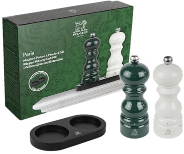 PEUGEOT - Duo Paris Pfeffermühle Waldgrün + Salzmühle Elfenbein 18 cm + Menage aus Bambus Mattschwarz - Kollektion Paris Rama - Klassisches Mahlwerk - PEFC-zertifiziertes Holz - Französische Fertigung