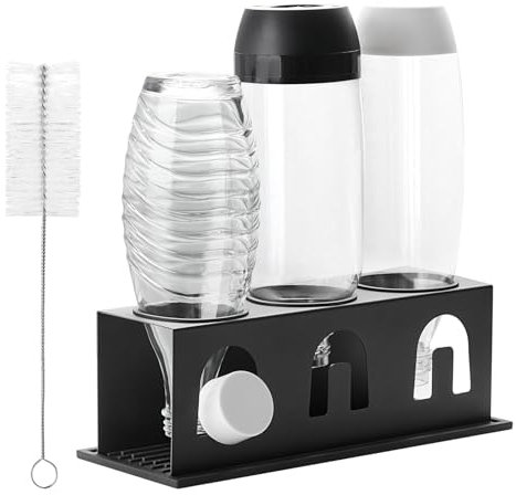 ACTIV CUISINE Flaschenhalter für Sodastream Duo Crystal Flaschen, 3er Edelstahl Abtropfhalter Abtropfständer Abtropfgestell mit Schutzringe, Abtropfmatte, Deckelhalter und Flaschenbürste, Schwarz