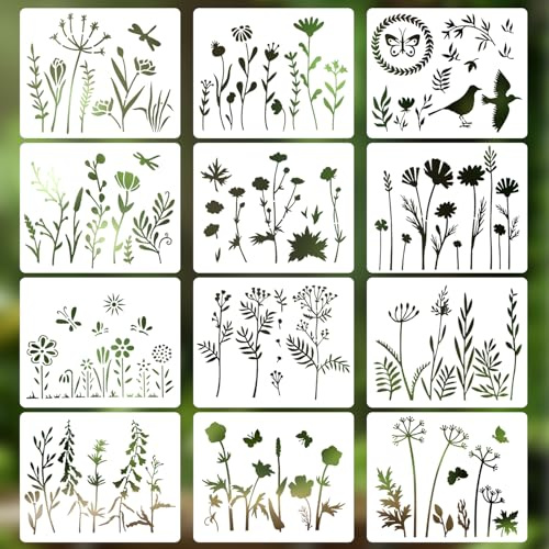 Pflanzenschablonen, 12-teilige Schablonen zum Basteln, wiederverwendbare Blumen- und Blätterschablonen zum Malen, Schablone für Naturpflanzen, Zeichenschablone zum Malen, DIY-Kunst-Scrapbook