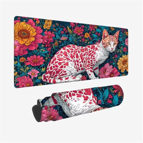 Mauspad XXL 600x300x3mm,Mousepad Rot Schreibtischunterlage,Katze Mauspad Gaming mit Genähten Kanten,Wasserdicht Mouse Pad,rutschfeste Gummibasis Desk Mat,Gaming Accessories for Desk,Geschenk Q1-711