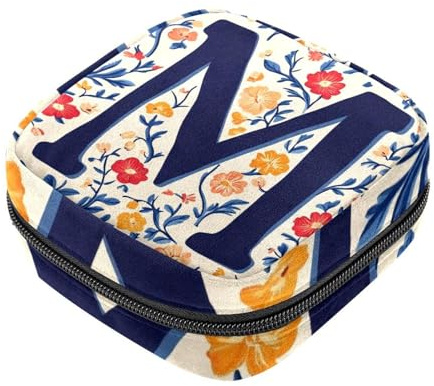 Borsa per assorbenti igienici, borsa per il primo ciclo mestruale per donne e ragazze, sacchetto per coppetta mestruale, lettera M, sfondo floreale, supporto per tamponi mestruali femminili