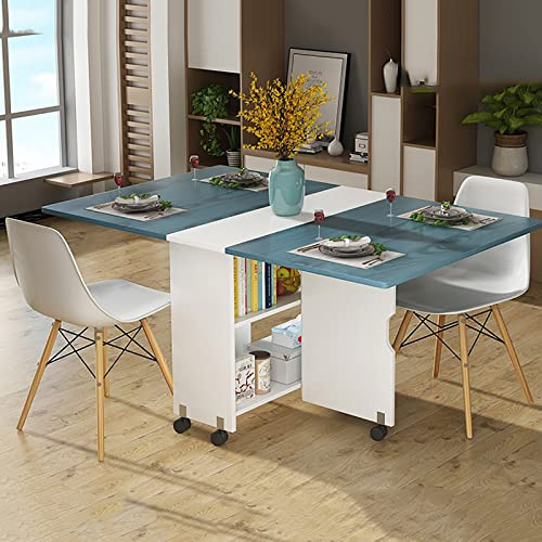 Tavolo da pranzo pieghevole in legno con tavolo da pranzo con stazione di lavoro allungabile multifunzione con bordo rotondo design per cucina, soggiorno, casa, ufficio, blu e bianco
