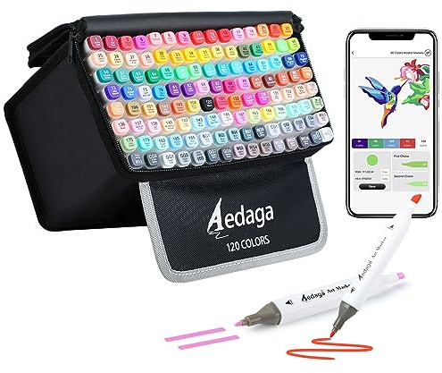 AEDAGA 120 Farben Alkohol Marker mit App, Doppelspitze Alcohol Marker mit Ständer-Etui für Erwachsene & Kinder, Alkohol Stifte für Malen, Skizzieren & Zeichnen