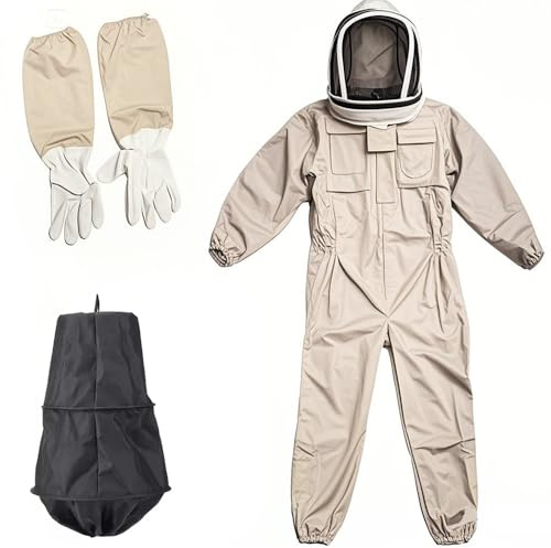 Traje de Protección para Abejas de Poliéster, Conjunto Completo con Capucha Desmontable Transpirable, Guantes y Jaula de Recolección Equipo Profesional,puños elásticos para Apicultores (XL)