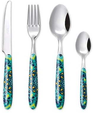 Excelsa Mandala Mediterraneo Set 24 Posate, Acciaio Inox, Manico Decorato Turchese, 6 Persone